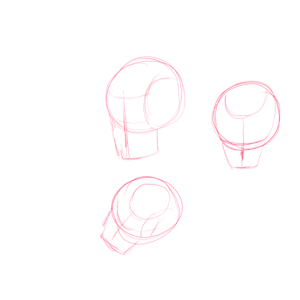 Sketsa kepala dengan sudut ekstrem atas yang menunjukkan efek foreshortening