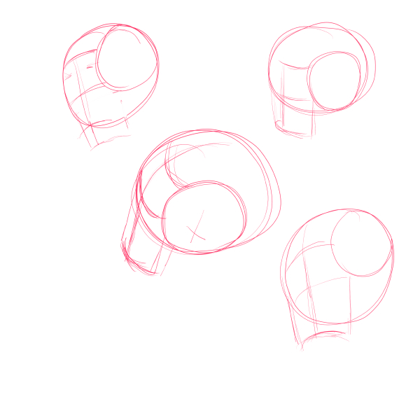 Sketsa kepala dari sudut berbeda yang dibuat dengan teknik lingkaran kecil