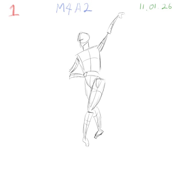 2-minute gesture drawing practice, dynamic figure study, M4A2, 2026-01-11, sheet 1