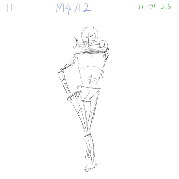 2-minute gesture drawing practice, dynamic figure study, M4A2, 2026-01-11, sheet 11