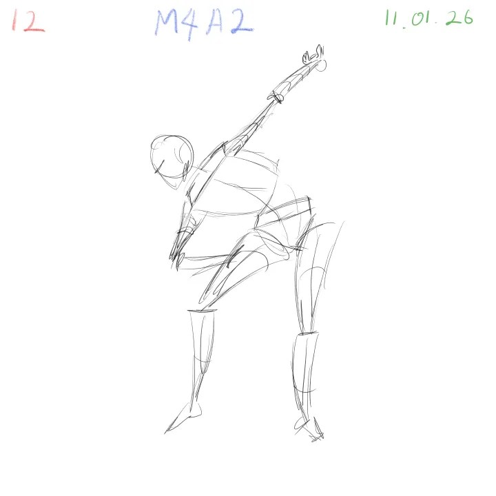 2-minute gesture drawing practice, dynamic figure study, M4A2, 2026-01-11, sheet 12