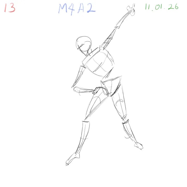 2-minute gesture drawing practice, dynamic figure study, M4A2, 2026-01-11, sheet 13