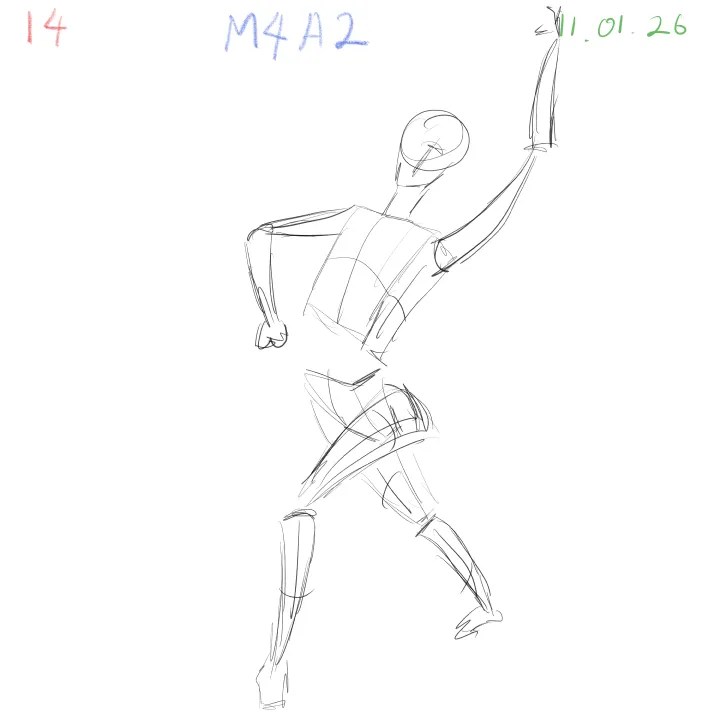 2-minute gesture drawing practice, dynamic figure study, M4A2, 2026-01-11, sheet 14