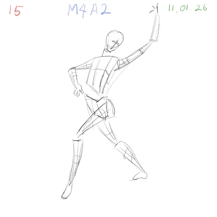 2-minute gesture drawing practice, dynamic figure study, M4A2, 2026-01-11, sheet 15