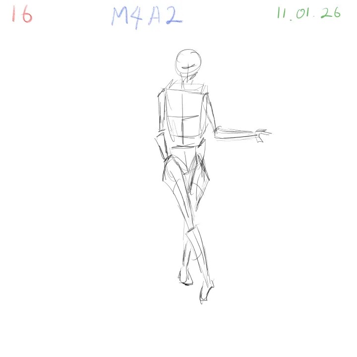 2-minute gesture drawing practice, dynamic figure study, M4A2, 2026-01-11, sheet 16