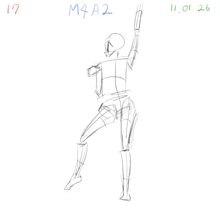 2-minute gesture drawing practice, dynamic figure study, M4A2, 2026-01-11, sheet 17