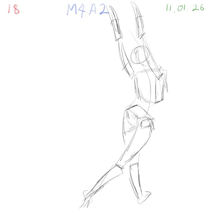 2-minute gesture drawing practice, dynamic figure study, M4A2, 2026-01-11, sheet 18