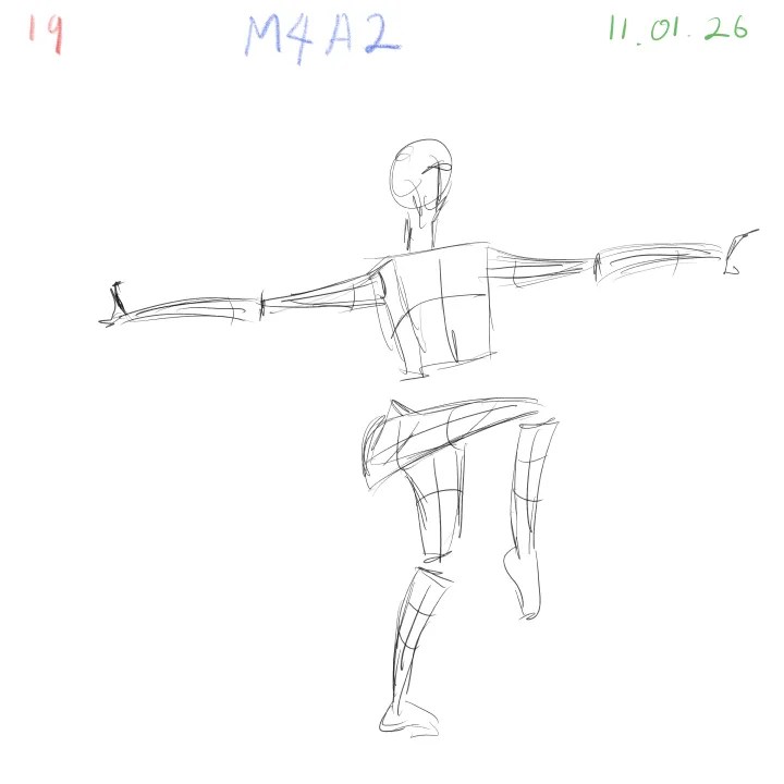 2-minute gesture drawing practice, dynamic figure study, M4A2, 2026-01-11, sheet 19