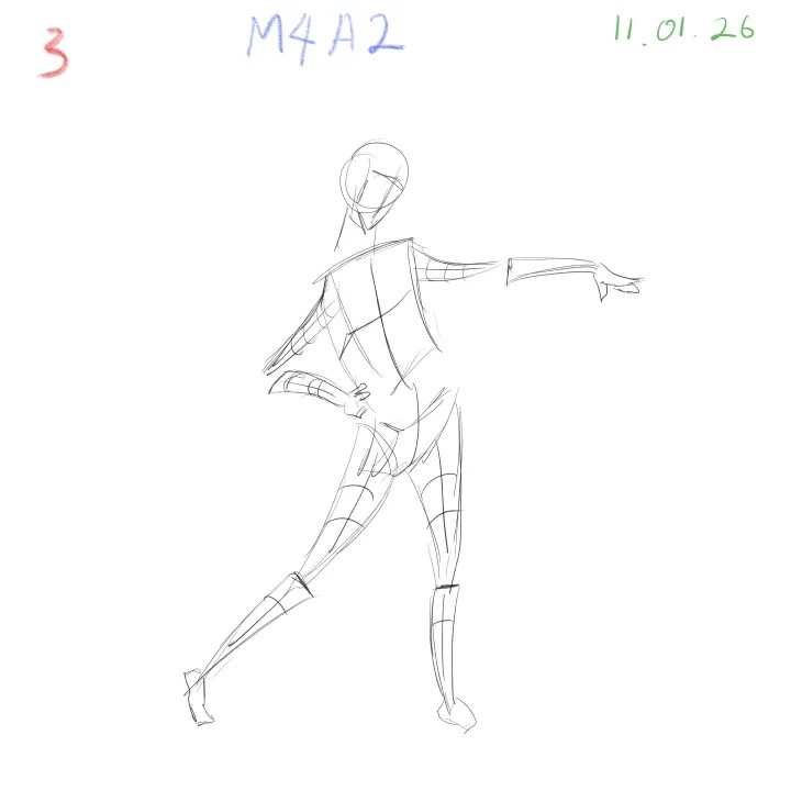 2-minute gesture drawing practice, dynamic figure study, M4A2, 2026-01-11, sheet 3