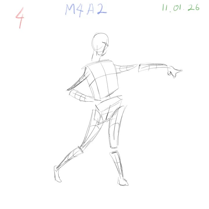 2-minute gesture drawing practice, dynamic figure study, M4A2, 2026-01-11, sheet 4