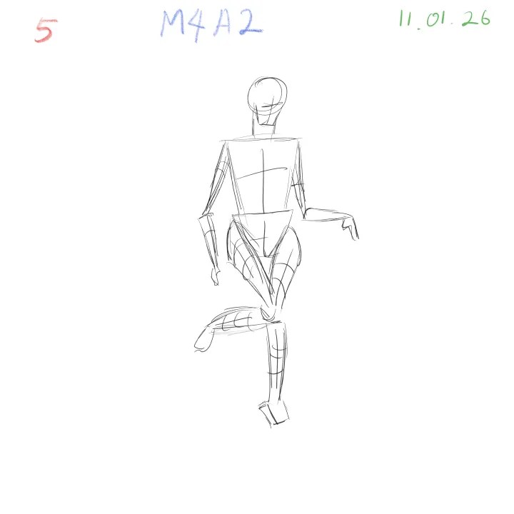 2-minute gesture drawing practice, dynamic figure study, M4A2, 2026-01-11, sheet 5