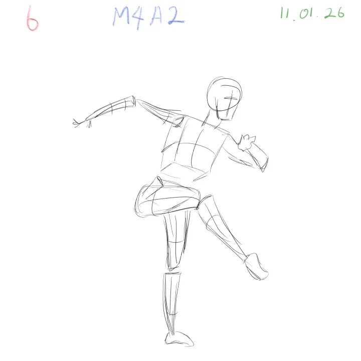 2-minute gesture drawing practice, dynamic figure study, M4A2, 2026-01-11, sheet 6