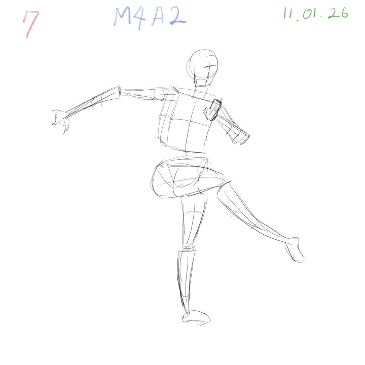 2-minute gesture drawing practice, dynamic figure study, M4A2, 2026-01-11, sheet 7