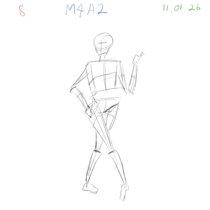 2-minute gesture drawing practice, dynamic figure study, M4A2, 2026-01-11, sheet 8
