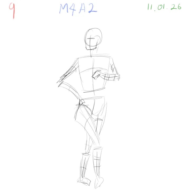 2-minute gesture drawing practice, dynamic figure study, M4A2, 2026-01-11, sheet 9