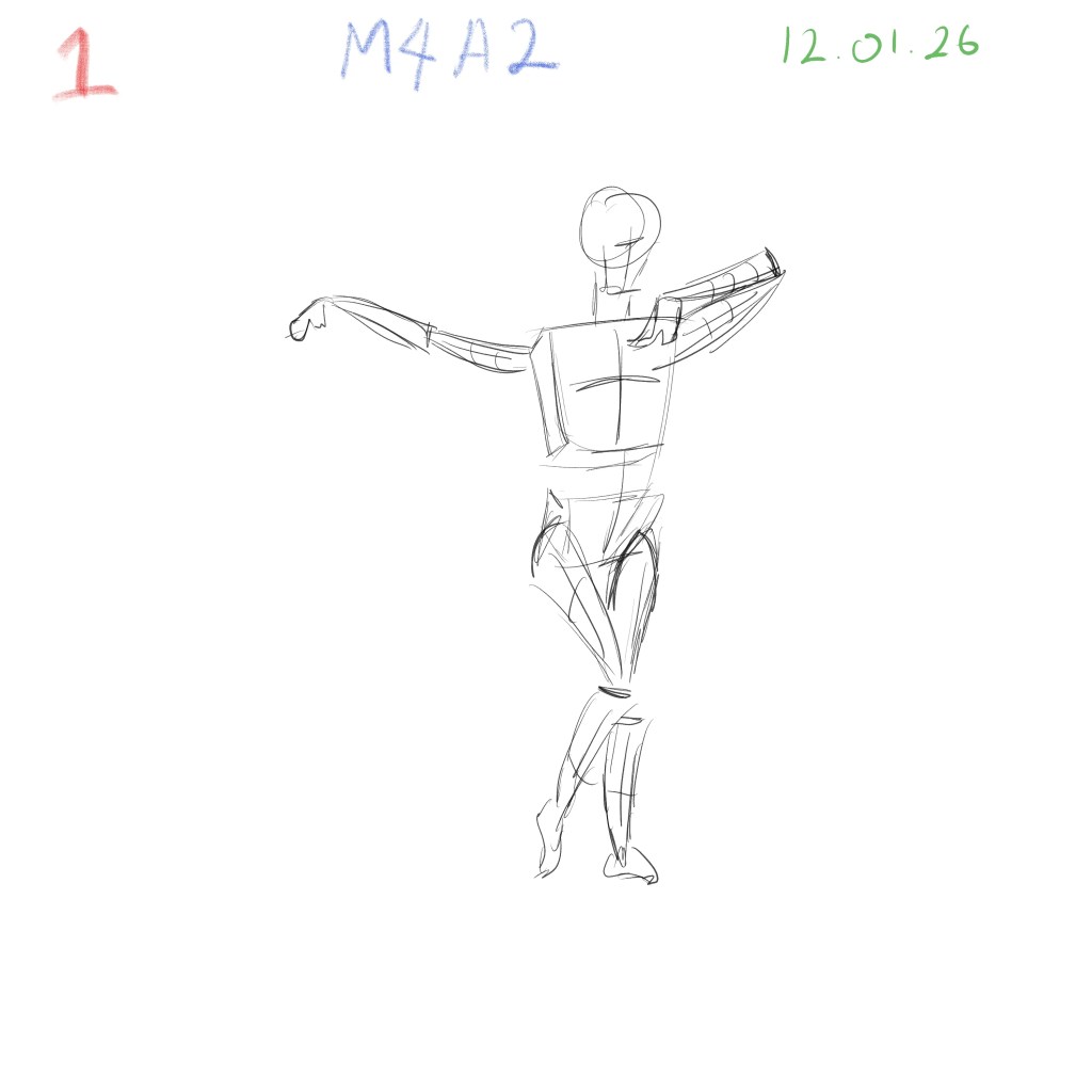 Dynamic gesture drawing practice focusing on body flow and proportion, M4A2 assignment day 9