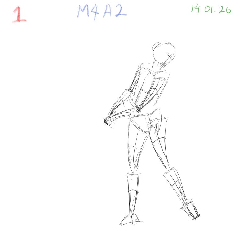 Daily gesture drawing practice with dynamic poses and 3D form study, M4A2 assignment