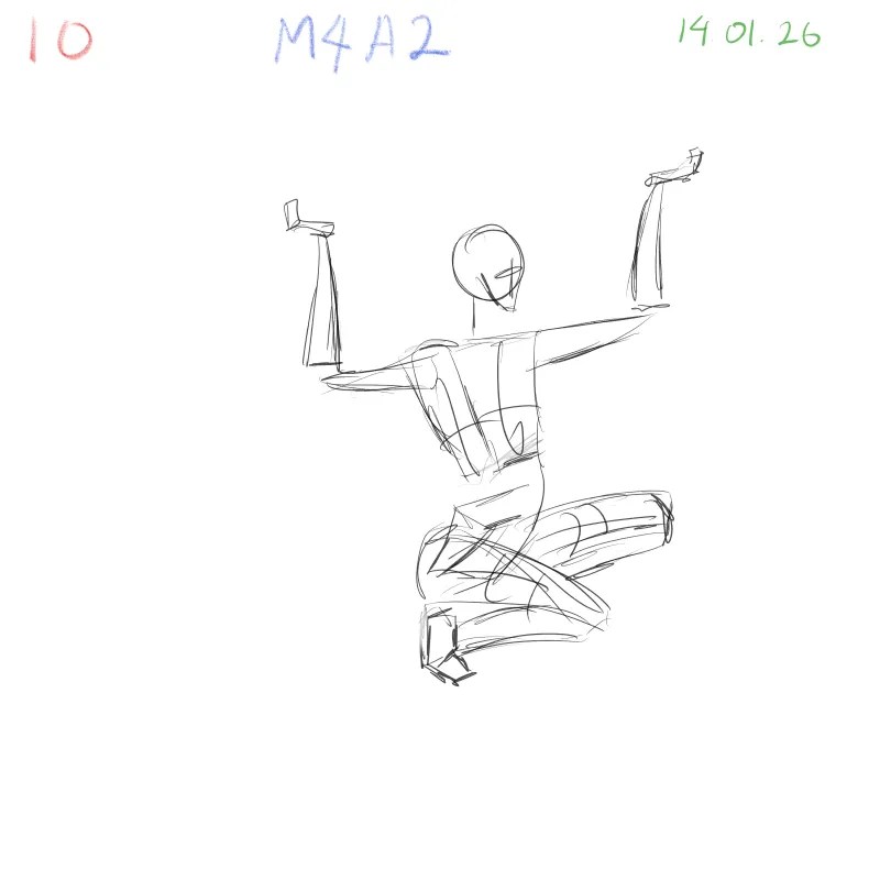 Dynamic gesture sketch practice with focus on rotation, angle changes, and expressive poses