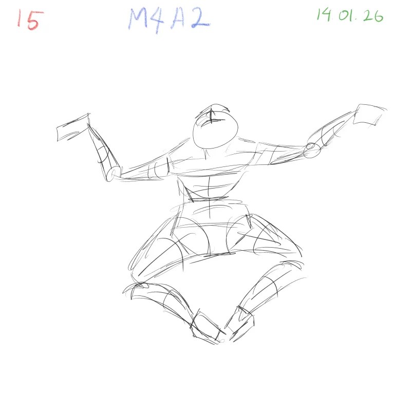 Gesture sketching session exploring perspective, foreshortening, and energetic pose design