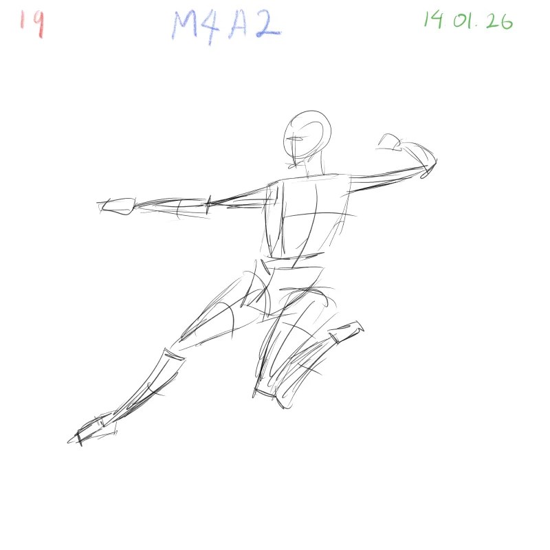 Daily 2-minute gesture drawing routine with dynamic poses and foreshortening study