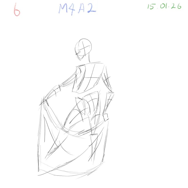 gesture sketch with added clothing structure during timed practice