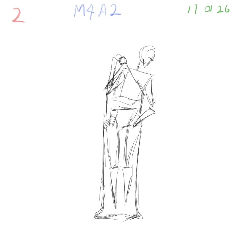 gesture drawing study with loose clothing emphasizing fabric rhythm and body posture