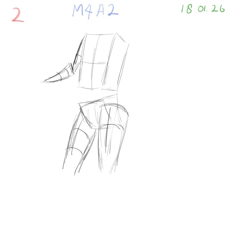 Gesture drawing study M4A2 with partial body reference, expressive motion lines