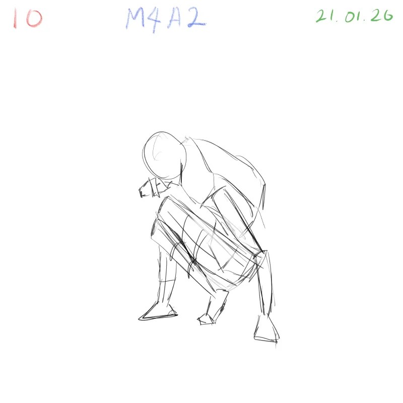 Gesture drawing exercise emphasizing proportion in crouching pose