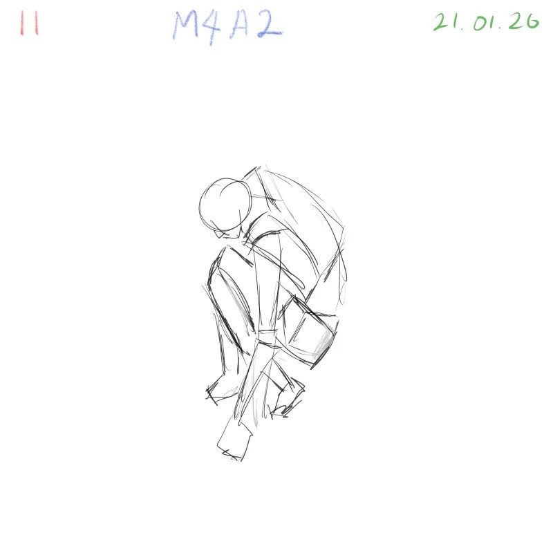 Squatting pose gesture sketch with simplified 3D body construction