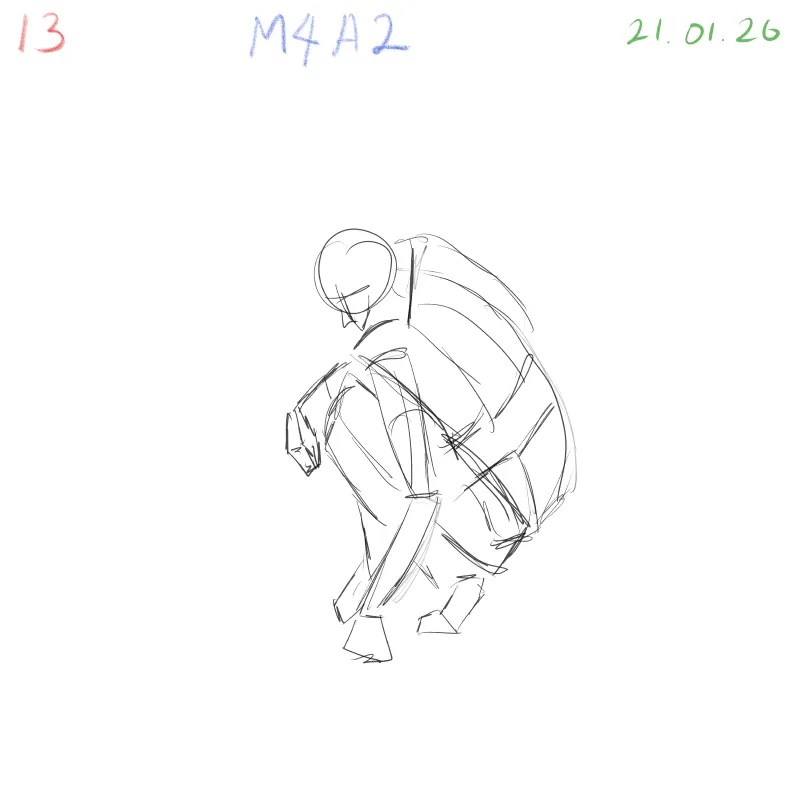 3D gesture practice exploring volume in a low squatting human pose