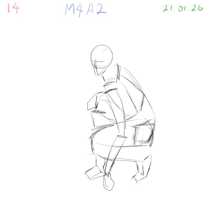 Gesture drawing study of complex crouching pose from angled perspective