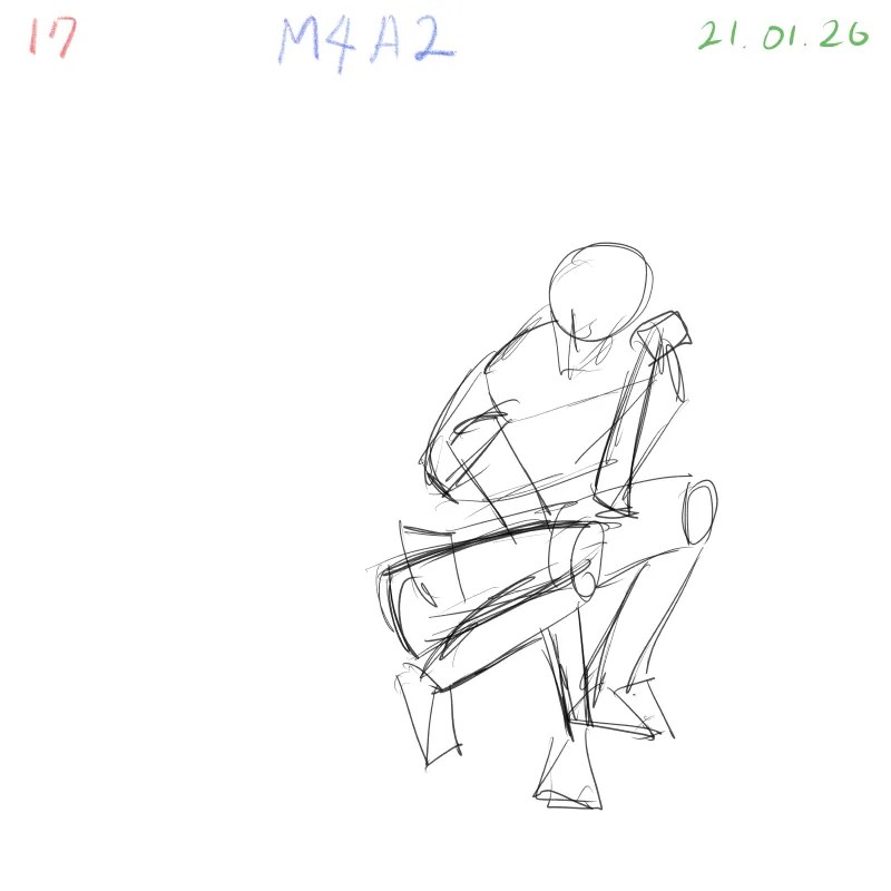 3D gesture drawing of squatting pose showing bent limbs and compression