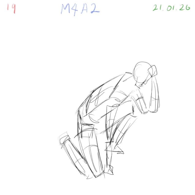 Anatomy gesture study of squatting pose with 3D form breakdown
