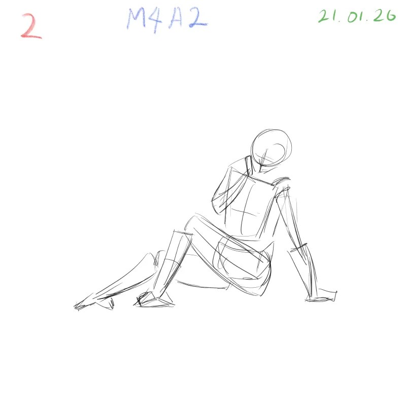Gesture drawing exercise of squatting human pose using simplified 3D shapes