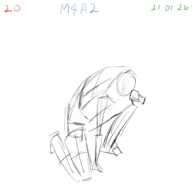 Gesture drawing exercise of a low crouching human pose from dynamic angle