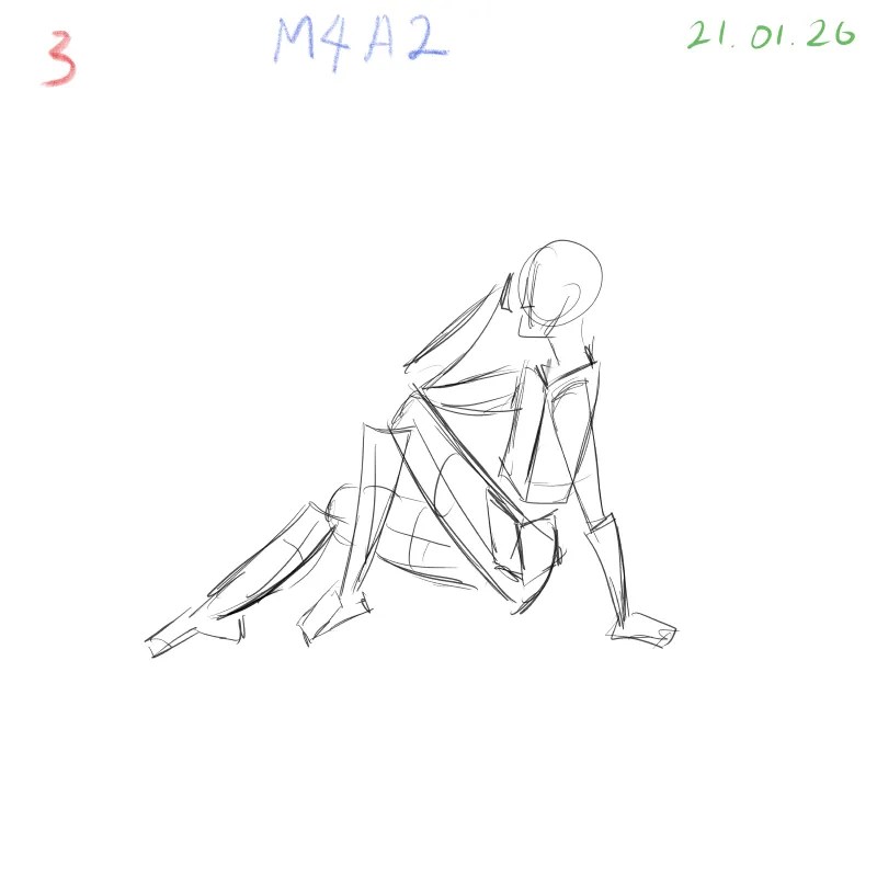 Anatomy gesture practice showing crouching pose from a different angle