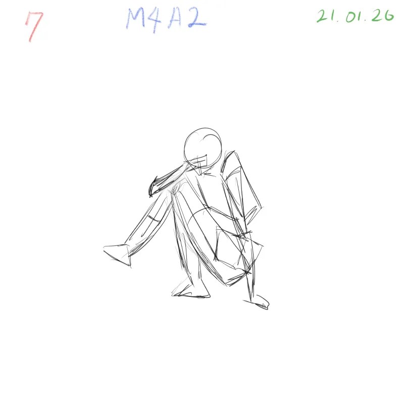 Crouching pose gesture sketch focusing on 3D form and weight distribution