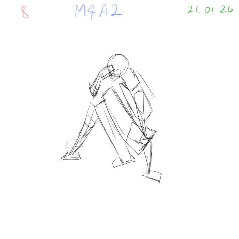 Gesture drawing study practicing complex squatting pose with bent limbs