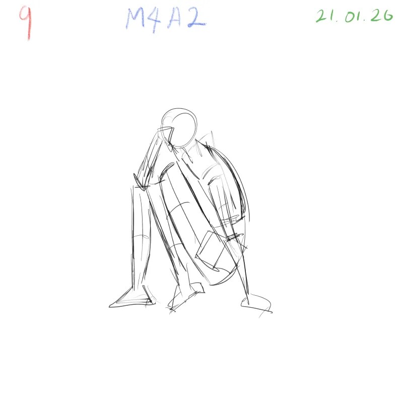 3D gesture anatomy practice of a squatting human figure from rear angle