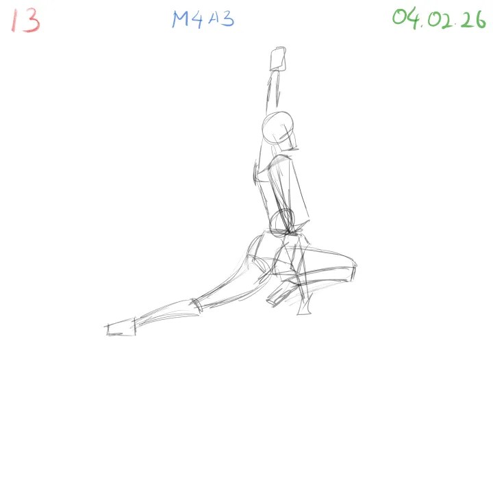 anatomy gesture sketch with simplified muscles and stiff pose