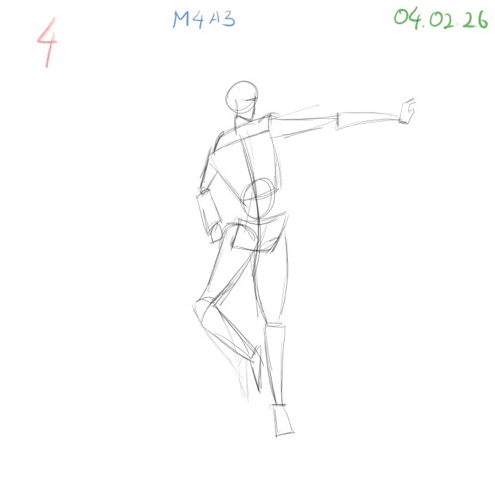 gesture drawing practice showing stiff pose and early anatomy construction
