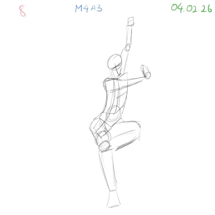 gesture drawing practice with visible stiffness and limited dynamic flow