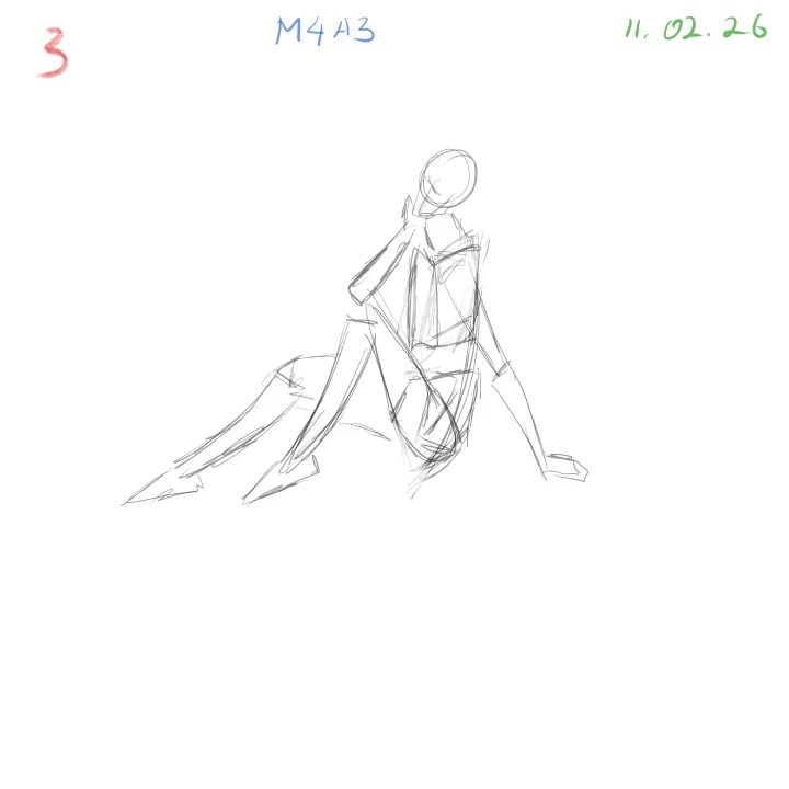 Gesture drawing foreshortened figure study emphasizing depth and form pose 3