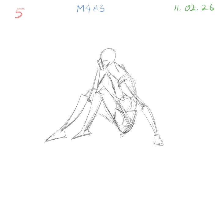 Anatomical gesture drawing focusing on perspective and overlapping forms pose 5