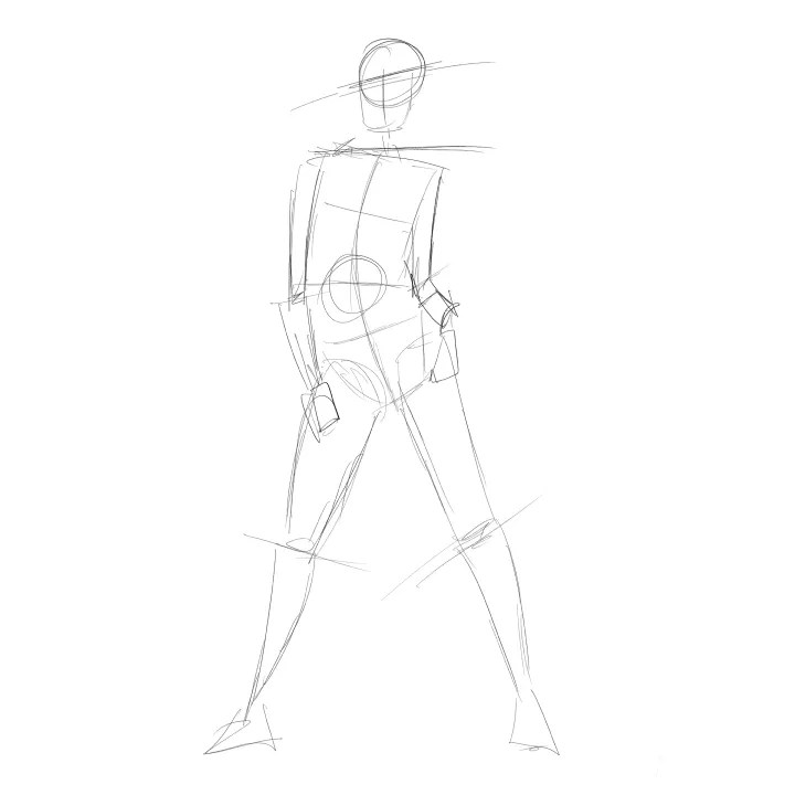 Latihan menggambar karakter M5A1 tahap dynamic form dan rough detail di Clip Studio Paint menggunakan Samsung Tab S10 FE